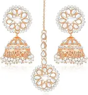 [Aheli] Rose Gold Plated Kundan & Beads Studded Maangtikka & Jhumki Earrings Set Ethnic Jewellery for Women, One Size, Metal, No Gemstone
