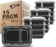 Freshware YH-2X15 15-Pack 2 Compartment Bento Lunch Boxes with Lids - Stackable, Reusable, Microwave, Dishwasher & Freezer Safe - Meal Prep, Portion Control, 21 Day Fix & Food Storage Containers (25oz) Black