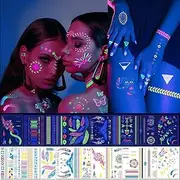 10 Sheets UV Tattoo Stickers Waterproof - Glow under Black Light Temporary Tattoos - Feathers Geometric Mandala Tribal Patterns Symbols - Skin-Safe Makeup Body Art Tattoo Sticker Pack for Adults Kids - 21x14CM - SteadyINK®