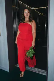 Red Strapless Jumpsuit Detachable Straps Split Leg