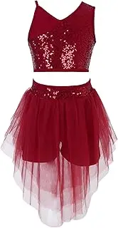 [Jhaoyu] Girls Shiny Sequin Ballet Dance Dress Sleeveless Crop Tank Tops with Irregular Skirts Sets Ballerina Dancewear
