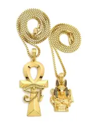 HIP HOP ANUBIS & ANKH CROSS PENDANT & 20" 24" BOX CHAINS HIP HOP NECKLACE SET