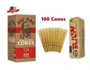 ZIG ZAG unbleached 1 1/4 size pre rolled cone+RAW king size metal caddy box