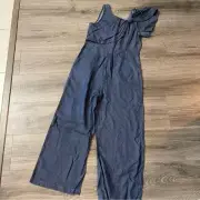 NWT Habitual Kids Stone Blue Denim Jumpsuit Bow Sleeve Girls Size 16