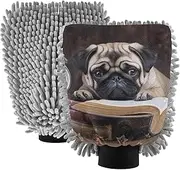 XYMZR Pug Puppy Clock Books Absorbent Microfiber Car Wash Mitt, Funny Cute Anime Scratch Free for Cars Cleaning, Home Cleaning Mitts, 2 Pack, 10.24” L x 7.09” W
