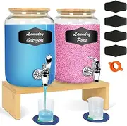 2-Pack 1 Gallon Glass Laundry Detergent Dispenser Set with Bamboo Lids and Stand - Liquid Soap and Fabric Softener Dispensers with Spigots, Cups, Labels and Mats, Laundry Room Organization and Storage