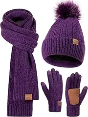 [FISFET] Winter Beanie Hat Scarf Gloves Set for Women, Pom Pom Beanie Fleece Lined Knit Neck Warmer Touchscreen Gloves 3 in 1 Gift Set