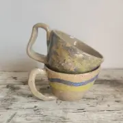 Studio Art Pottery Hand Thrown Mug Cup Blue Glazed Set of 2