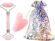 Rose Quartz Powder Crystal Jade Roller Massage Spa Pink Face Massagers Gua Sha Guasha Beauty Tool Lift Up(Type a)