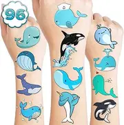 8 Sheets (96PCS) Whale & Narwhal Temporary Tattoos – Ocean Animal Birthday Party Favors, Under the Sea Theme Decor, Cute Stickers for Kids, School Rewards, Gift Supplies