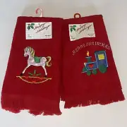 2 NEW Vtg Royal Pacific Fringe Fingertip Towels Christmas Appliqué Train & Horse