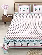 Marusthali Indian Handmade Block Print King Bed Sheets Jaipuri Bed Sheets Cotton Bed Sheets for King Size Bed Printed Bedspread 180 tc Soft Bed Sheet 90 x 108 inches (Pink, Sea Green)