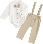 [Carolilly] Infant Baby Boys Gentleman Outfits Sets Baby Boys Clothes Long Sleeves Lapel Button Up Romper and Solid Color Suspender Pants Sets for Toddler Boys, Beige, 6-12 Months