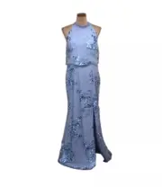 NWT Adrianna Papell Formal Maxi Dress Size 14 Pastel Light Blue Floral Sequin