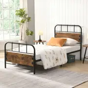 IHOMDEC Single Kid's Bed Metal Tube Frame Base Black&Rust Dark Brown