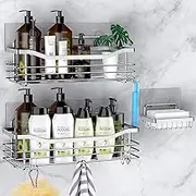 Orimade Shower Caddy Basket Soap Dish Holder Shelf with 5 Hooks Bathroom Organizer Shelf Kitchen Storage Rack Wall Mounted Adhesive No Drilling Rustproof SUS304 Stainless Steel - 3 Pack