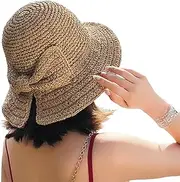 [Bseash] Foldable Wide Brim Floppy Straw Sun Hat Summer Beach Hat for Women Girl
