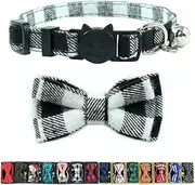 Cat Collars Breakaway with Bell and Bow Tie, Plaid Design Adjustable Safety Kitty Kitten Collar(6.8-10.8in) (Black Plaid)