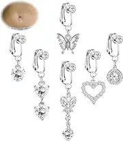 [JeryWe] 6 Pcs Fake Belly Ring Clip on Belly Button Rings Fake Belly Surgical Steel Fake Belly Button Ring for Women CZ Butterfly Heart Belly Piercing Fake Navel Ring Non Piercing Jewelry