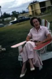 1950s Red Border 35mm Slide Kodachrome Woman in Lawn Chair in Pink Dress