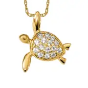 14K Solid Yellow Gold CZ Turtle Floating Chain Slide Necklace