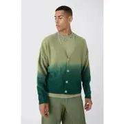 Mens Khaki Oversized Boxy Brushed Dip Dye Knitted Cardigan