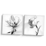 Grey Floral Canvas Wall Art for Bedroom, 2 Panels Black and White Flower