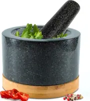 Heavy Duty Mortar and Pestle Set with Bamboo Base, Large 2 Cups, 100% Natural Gr