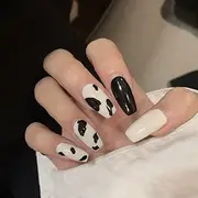 YUBX 24 Pcs Black White Press On Nails Medium Almond Fake Nails Clear Cow Print False Nails Olive Acrylic with Jelly Adhesive Tabs (Cow Printed)