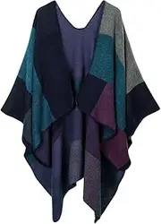 [Hailong Ming] Color Blocks Checkered for Women Kimono Cardigan Open Front Cape