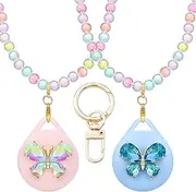 XEEWEN 2 Pack Kids Necklace Holder for Airtag, Cute Girls Pink Blue Butterfly Beaded Necklace Case for Apple Airtag