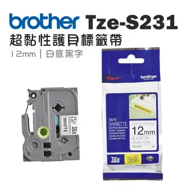 Brother TZe-S231 超黏性 護貝標籤帶 12mm 白底黑字