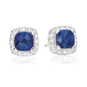 Sterling Silver Cushion Cut Created Blue Sapphire & Diamond Set Stud Earrings