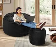 [American Century Home] 4 Foot (with Foot Stool), Memory Foam Filled Bean Bag with Removable Velvet Cover, Black