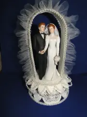 New Vintage Bride & Groom with Arch & white lace & pearls Wedding CakeTop #110
