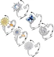 [Honsny] Fidget Rings for Women, Spinner Fidget Ring for Anxiety Adjustable Anxiety Relief Ring Set, Sunflower Butterfly Bee Star Moon Stress Relief Spinning Rings for Adults