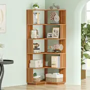 6 Tier Industrial Corner Bookshelf - 64.9 Tall, Anti-Drop Panel, Freestanding Wood Grain Display Rack