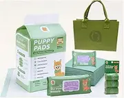Asahi Paws Complete Greener Pet Care Bundle with Regular Puppy Pads, Compostable Waste Bags, Lavender Scented Compostable Wet Wipes, Travel Pack and Pawrent Lifestyle Tote Bag, Green