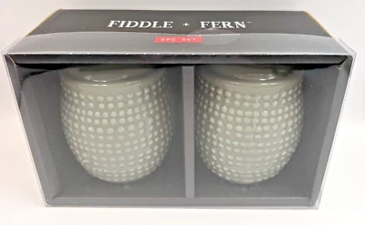 New Sage Salt & Pepper Shakers Hobnail Design Ceramic Modern Fiddle + Fern