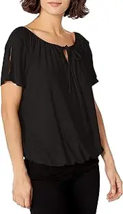 [Star Vixen] Women's Short/Slit Sleeve Keyhole-tie Peasant Top Bubble Hem, Black Solid, Medium Petite