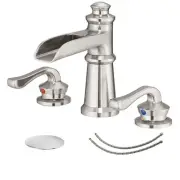 Brushed Nickel Waterfall Bathroom Faucet for Sink 3 Hole Two Handle 8 inch Ba...