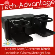 Black Storage Glove Box Boat Caravan - Twin Drink Holders Lockable Compartment