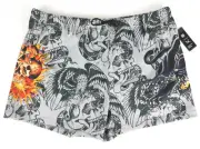 Ed Hardy Men's Lined Mesh Shorts Flaming Skull Panther Grey XXL NWT