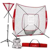 Baseball and Softball Practice Net 7×7ft Red Net + Tee +Ball Caddy + Balls