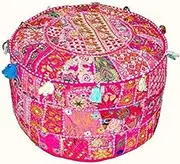 Sophia Art Indian Embroidered Patchwork Cover Indian Decorative Pouf Indian Comfortable Floor Cotton Cushion Ottoman Pouf,Indian Designs Ethnic Patchwork Pouf 18X13 inch (Beige) (Pink, 14"x22")