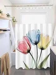 Clblhlolkuy Waterproof Shower Curtain for Bathroom, Red Blue Yellow Tulips Abstract Farm Flowers Hotel Fabric Soft Bath Curtain with Semi-Transparent Top Window & Hooks, 72"x72"