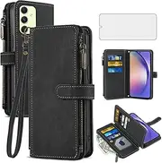 [Asuwish] Phone Case for Samsung Galaxy A54 5G Wallet Cover with Tempered Glass Screen Protector and Leather Flip Credit Card Holder Stand Cell Accessories A545G A 54 54A 4G G5 SM A546U Women Men Black