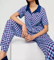 NEW PETER ALEXANDER BLUE TILE SHIRT TOP & PANTS PJ SET MEDIUM M RRP$149.90