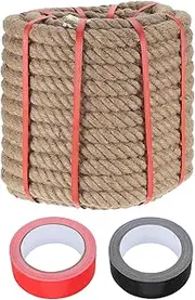 sourcing map Jute Rope 1 Inch x 98ft, Heavy Natural Thick Twisted Rope with 2 Roll Tapes for Crafts Railing Docks Tug of War Swing Nautical Landscaping