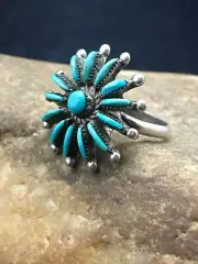 Blue Turquoise Needle Point Cluster Zuni Sterling Silver Ring Sz 7.25 4035